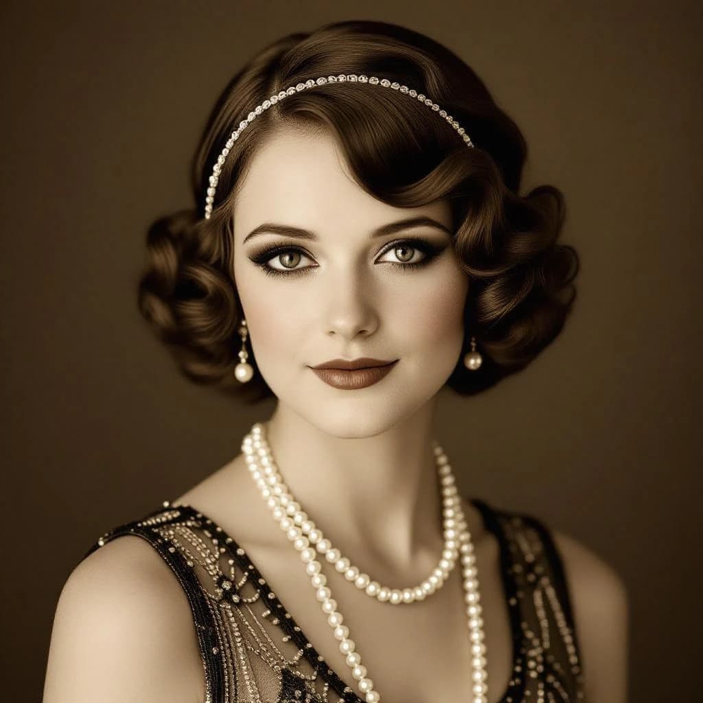 Sepia-toned studio portrait of a flapper with pearl necklace, soft grain.