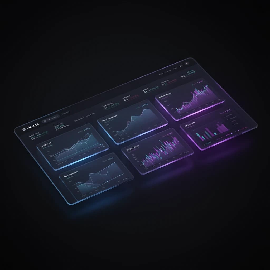 Make a dark mode finance dashboard with charts, glassmorphism, soft neon glow.