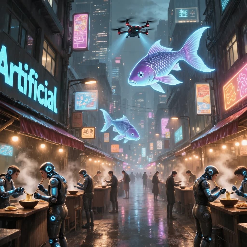 A neon alley in Neo-Tokyo 2142 drips with rain Cybernetic patrons slurp ramen at a stall with their glowing implants humming with blue light. Three giant holographic koi hover 10 metres above the ground and swim across the skyline, one has clipped into a building. A six-prop drone hovers nearby, projecting "Artificial Analysis" onto a wall with blue laser beams visible