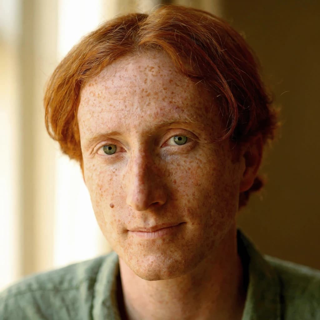 Shoot a natural light headshot of a red-haired man with freckles, green eyes.