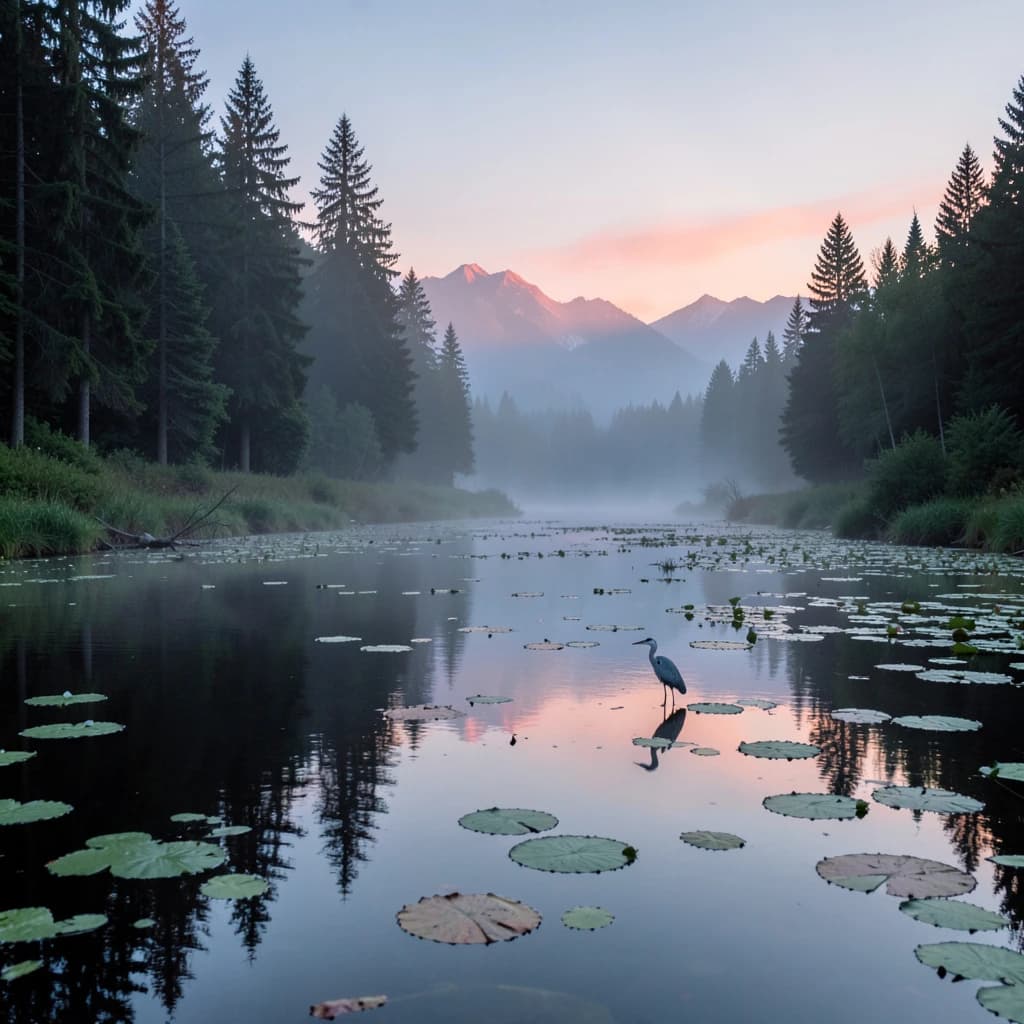 With pre-dawn mist along a cedar forest river and glassy water dotted with lily pads, distant mountains blush pink, and a heron stands still like it forgot what to do next.