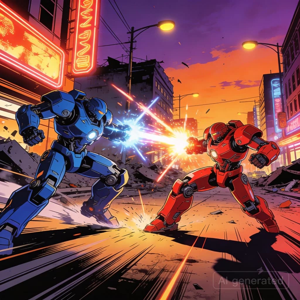 Make a cel-shaded mecha duel at dusk downtown.