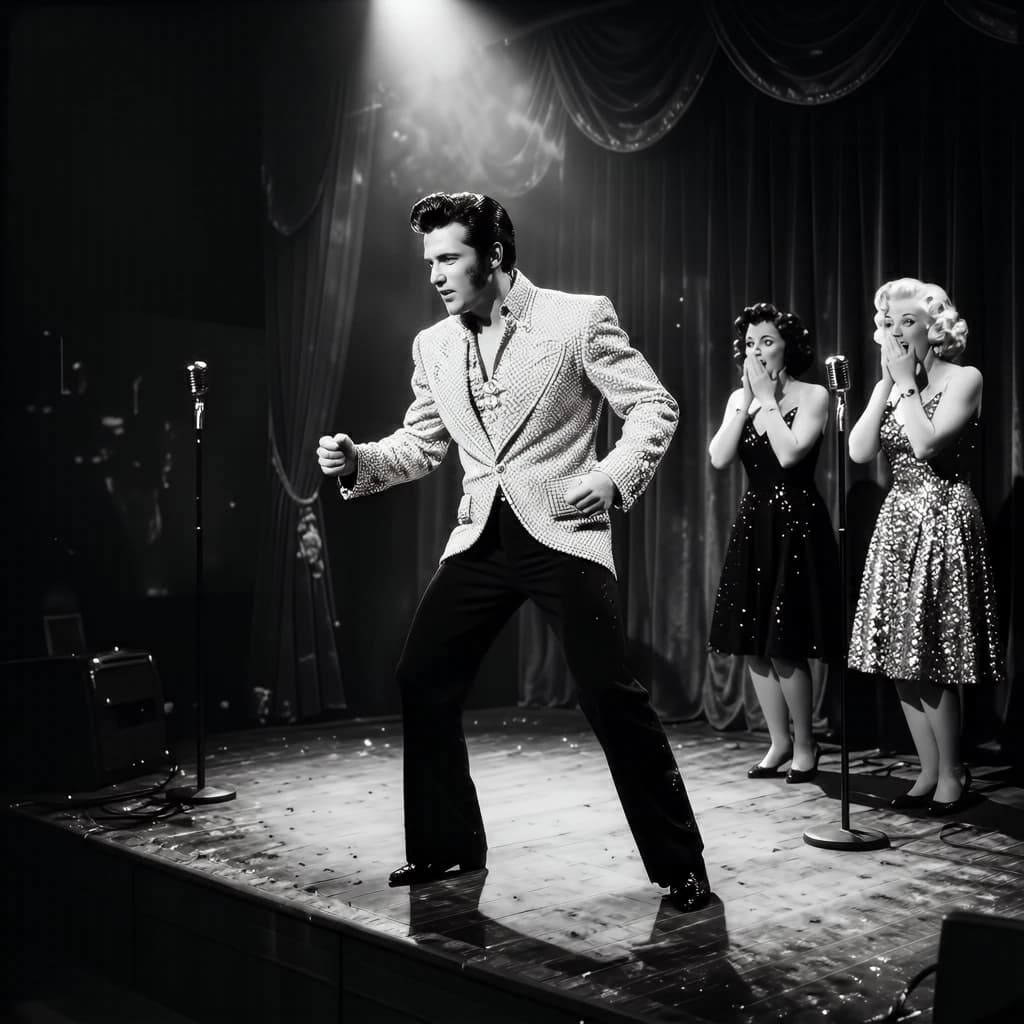 An archival image from 1953 of the rock singer swinging his hips on the stage while glamorous back up singers feign shock at his gyrations! He wears a diamond encrusted jacket with the stones arranged in the shape of a heart