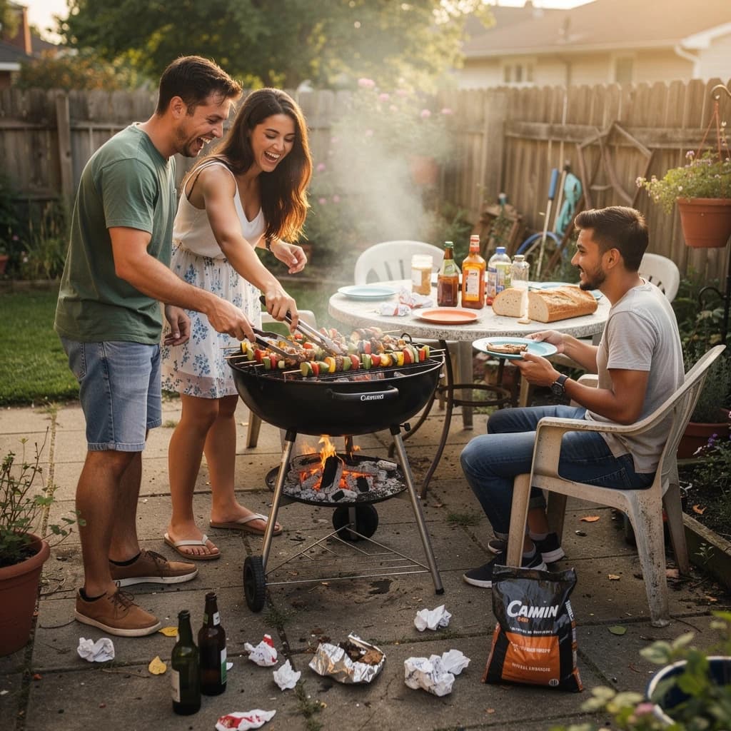 Friends grill skewers on a slightly messy patio.