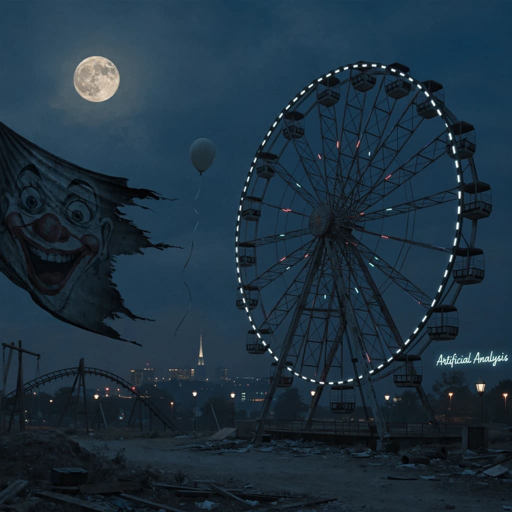 A deserted amusement park glows faintly under a half-moon. The ferris wheel is rusting yet strung with fresh, blinking LED lights. A torn clown banner flaps in a windless air. A lone balloon floats upward, tethered to nothing, while in the far distance city lights flicker on - some neon, some gas lamps as though from another century. 'Artificial Analysis' glows in neon