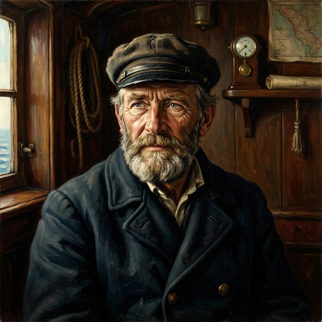 Oil on canvas portrait of an elderly sailor, weathered face, soft light.