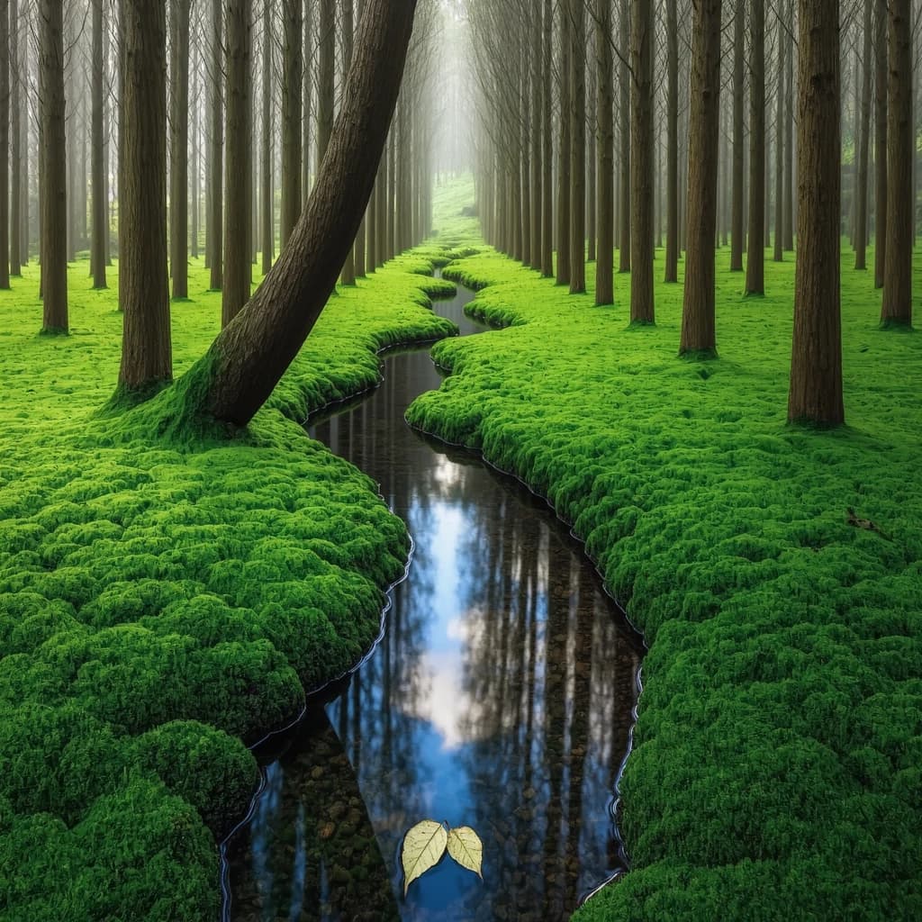 The forest is saturated green, trees identical in height and width, trunks straight, bark texture repeating. One trunk leans diagonally yet the branches remain vertical. The moss is emerald, glistening, though each patch forms identical diamond shapes. A stream runs straight, perfectly linear, water clear, reflecting clouds not visible in the sky. No animals, no insects, but one leaf floats on the water, doubled, showing two overlapping shadows.