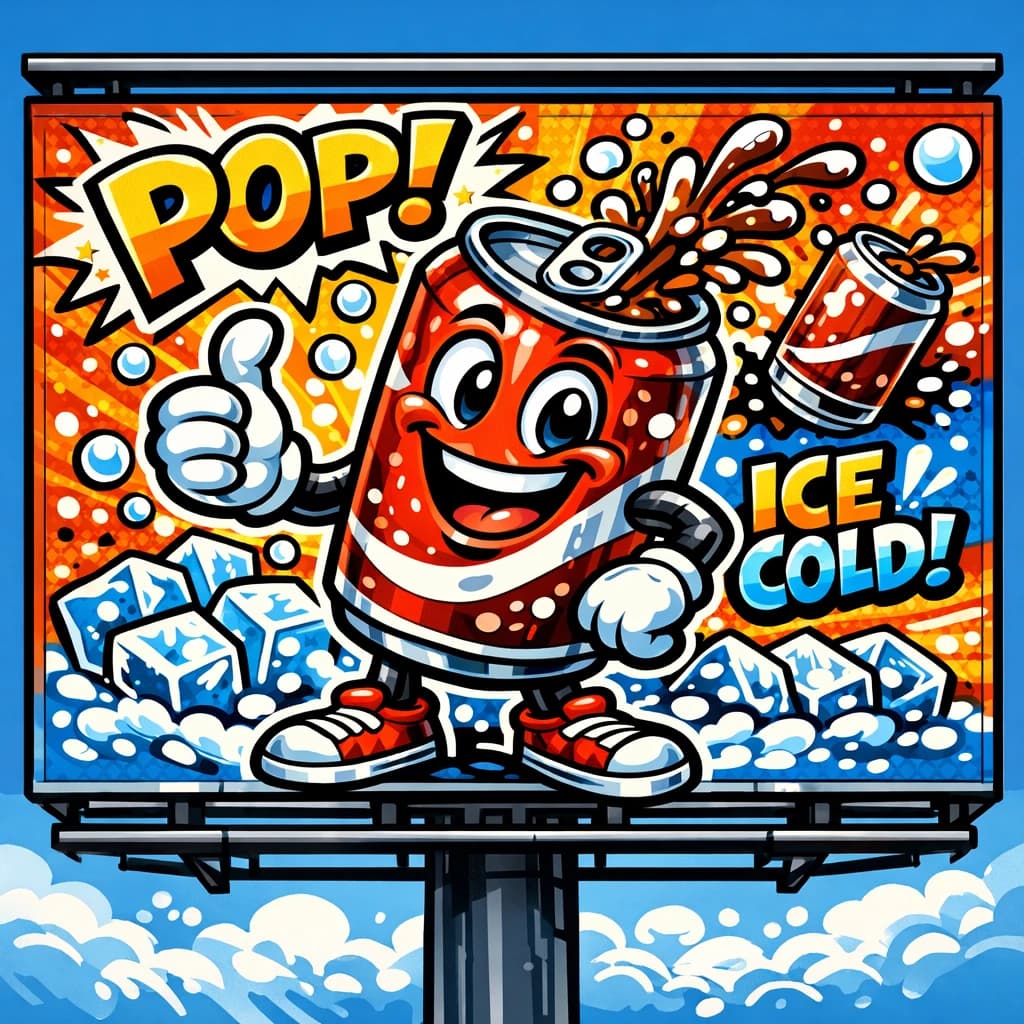 Design a bright soda billboard ad with a bubbly can mascot, thick inky lines.