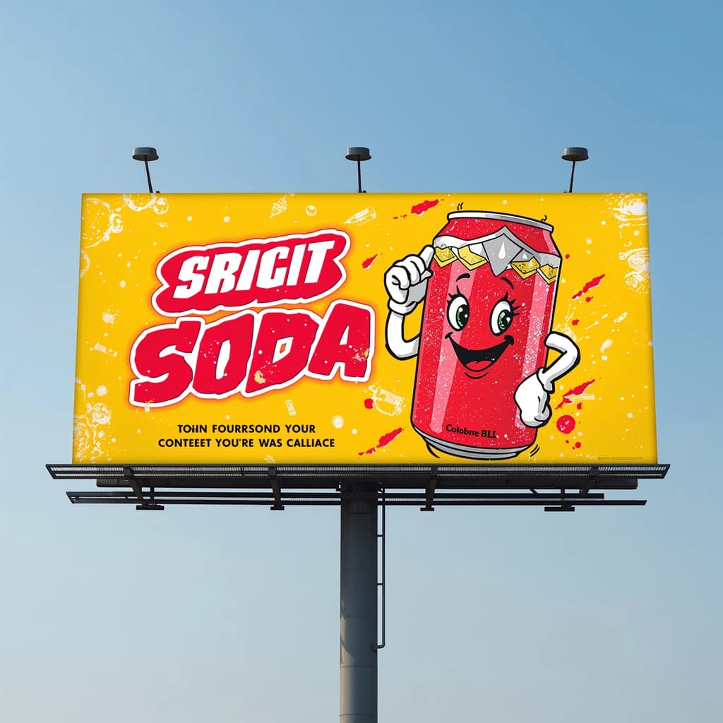 Design a bright soda billboard ad with a bubbly can mascot, thick inky lines.