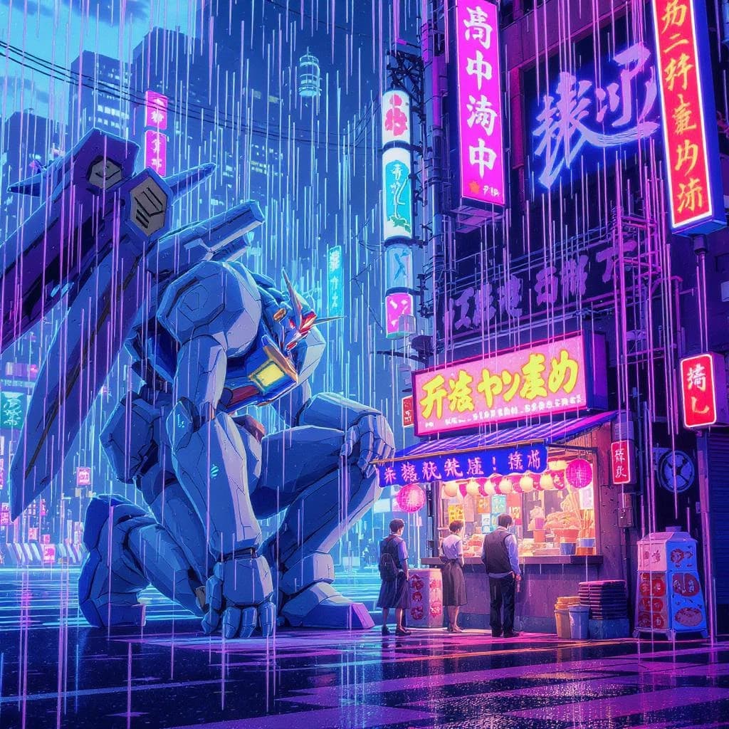 Neon rain falls as a cel-shaded mecha kneels by a ramen stall, midnight vibes.