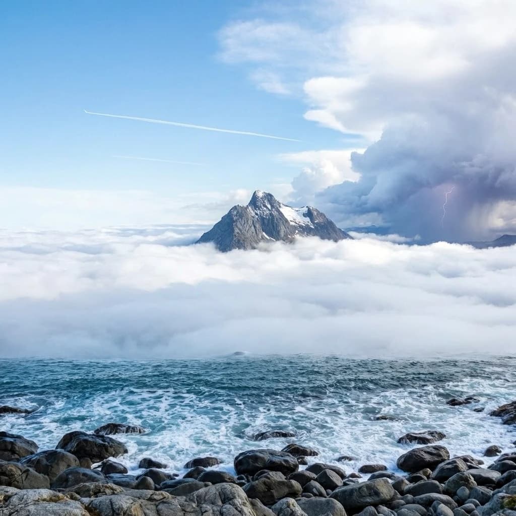 A stunning mountain vista pokes through the cloud top. Contrails from a distant airplane linger in the air. In the foreground there is a stony beach with foamy seas. A thunder storm is visibile in the distant right.