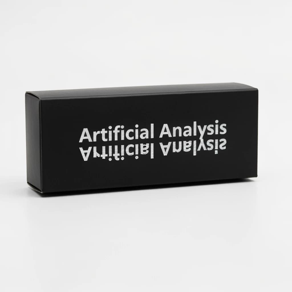 On the black box, silver foil embossing, centered: "Artificial Analysis" in Comic Sans Small Caps, perfectly justified. The letters are crisp, but the “Y” is duplicated faintly, ghosting right. On the box’s reflection, the word order is inverted: ARTIFICIAL ANALYSIS.