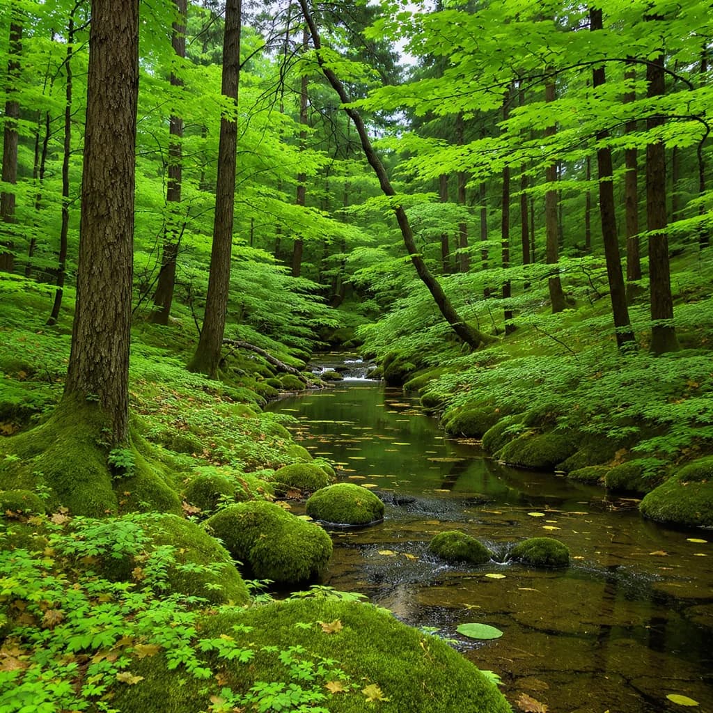 The forest is saturated green, trees identical in height and width, trunks straight, bark texture repeating. One trunk leans diagonally yet the branches remain vertical. The moss is emerald, glistening, though each patch forms identical diamond shapes. A stream runs straight, perfectly linear, water clear, reflecting clouds not visible in the sky. No animals, no insects, but one leaf floats on the water, doubled, showing two overlapping shadows.
