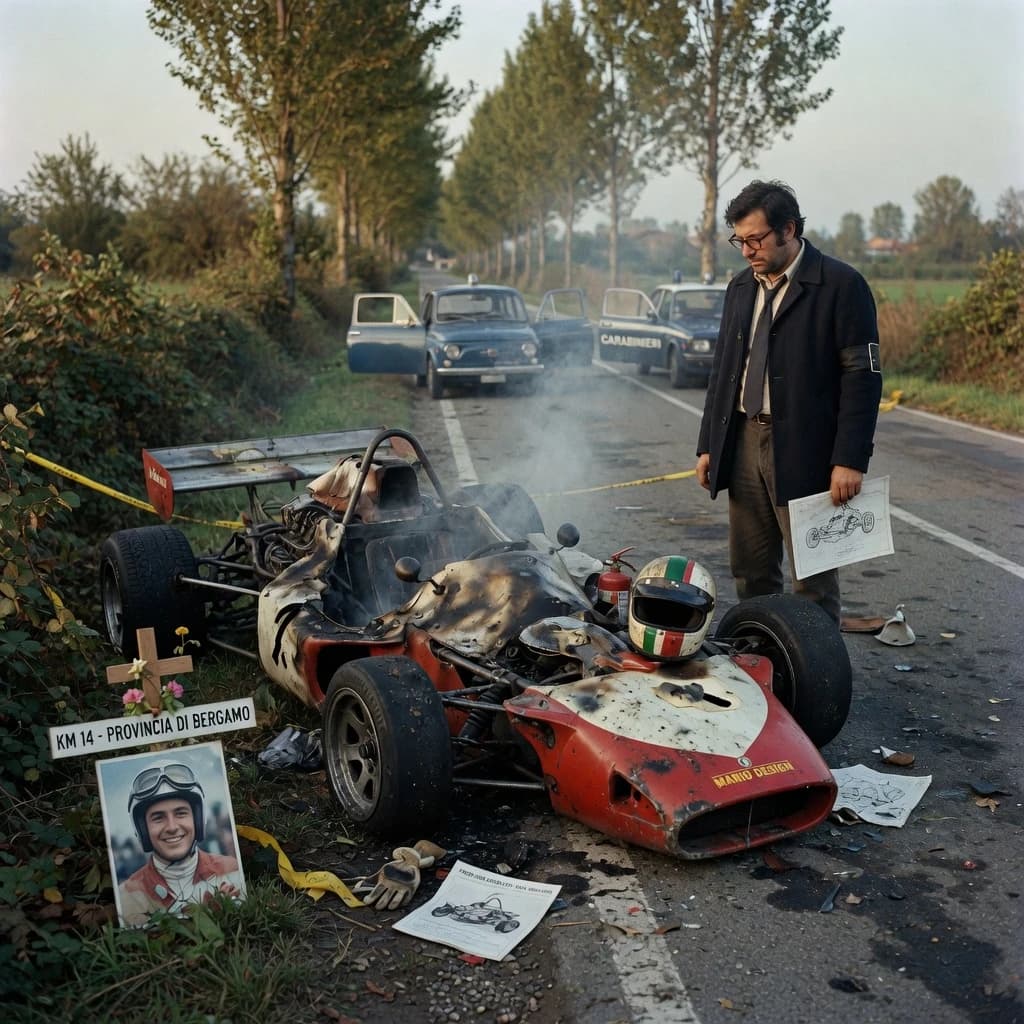 Mario examines the still smouldering wreck of the crash that took his best driver on the side of the country road. He designed this car and caused this. 3 days have passed since the crash. It's 1973 in Northern Italy.