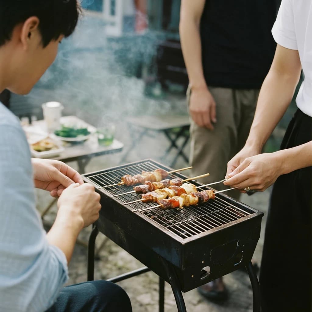 Friends grill skewers on a slightly messy patio.