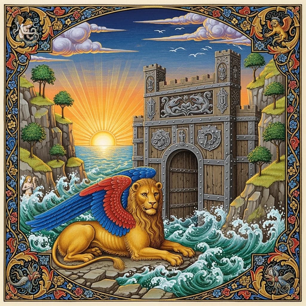 Paint an illuminated manuscript scene of a winged lion guarding a sea gate.