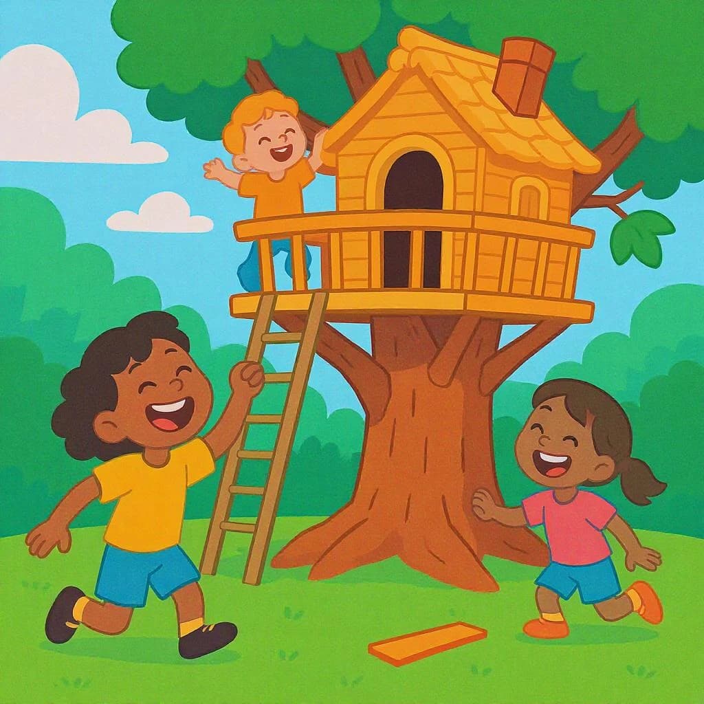 Kids build a backyard treehouse and laugh, bright flat colors, chunky outlines.
