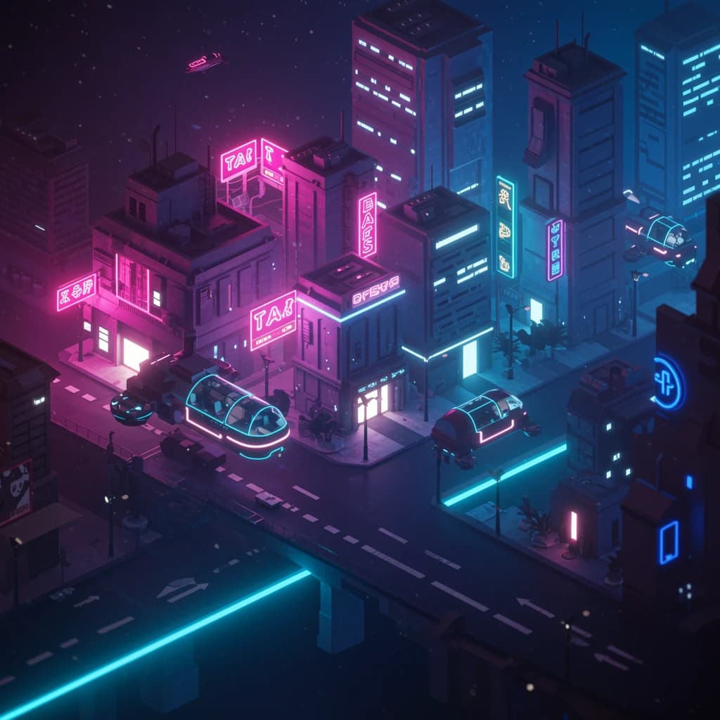 Design an isometric neon city with hovering taxis, clean lines, soft glow.