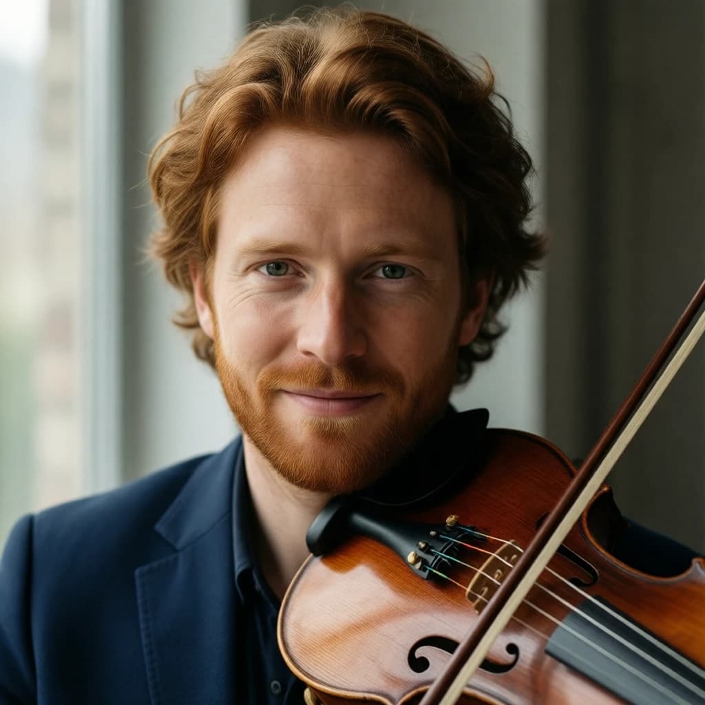 Capture a head-and-shoulders portrait of a freckled red-haired violinist in a navy blazer, soft window light, 85mm at f/1.8, gently smiling yet serious eyes, muted tones.