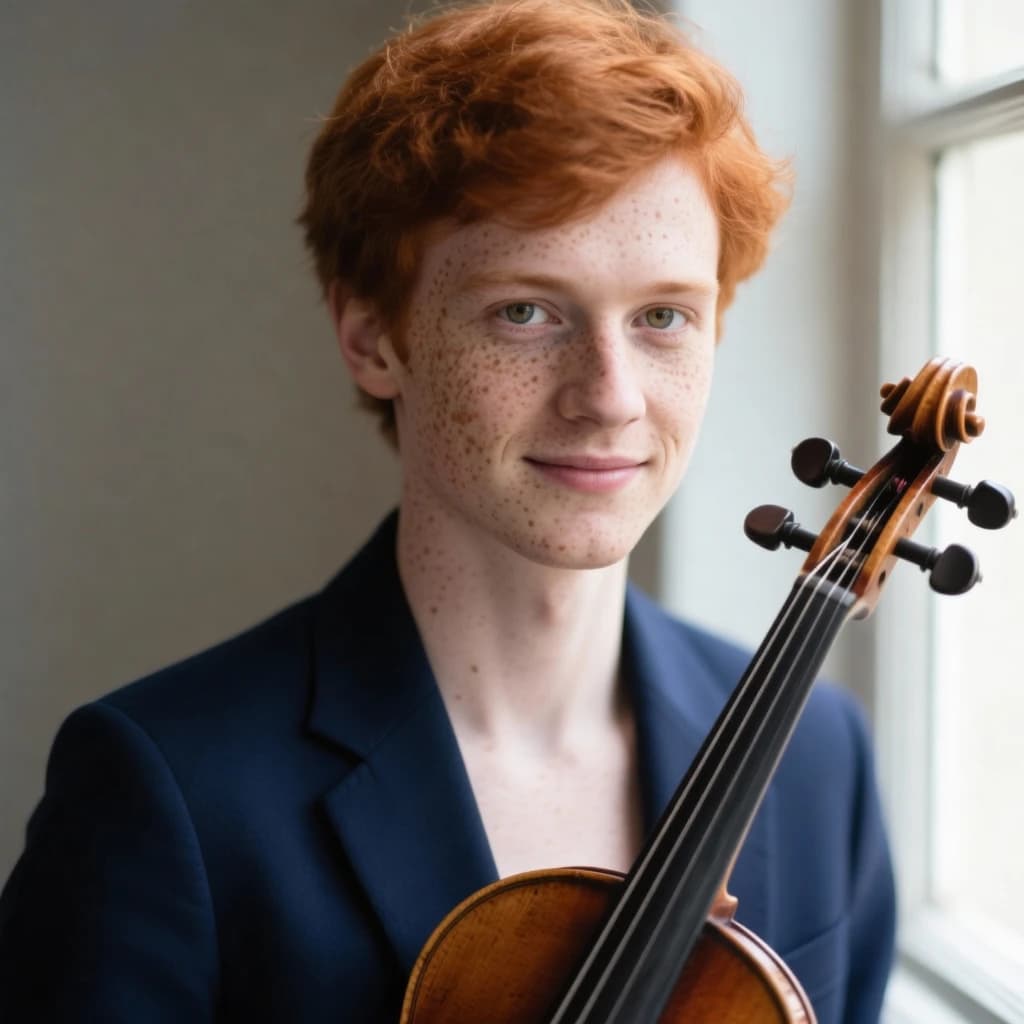 Capture a head-and-shoulders portrait of a freckled red-haired violinist in a navy blazer, soft window light, 85mm at f/1.8, gently smiling yet serious eyes, muted tones.