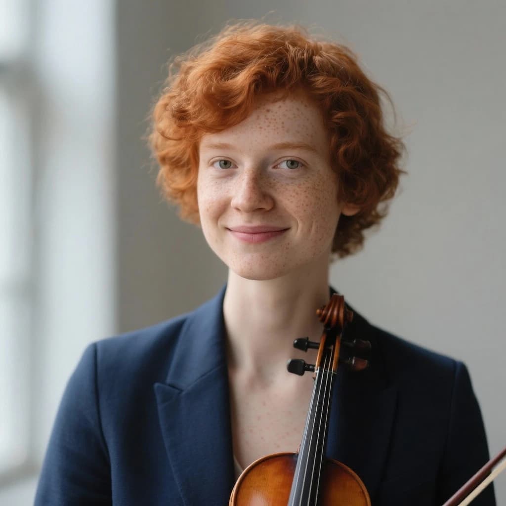 Capture a head-and-shoulders portrait of a freckled red-haired violinist in a navy blazer, soft window light, 85mm at f/1.8, gently smiling yet serious eyes, muted tones.