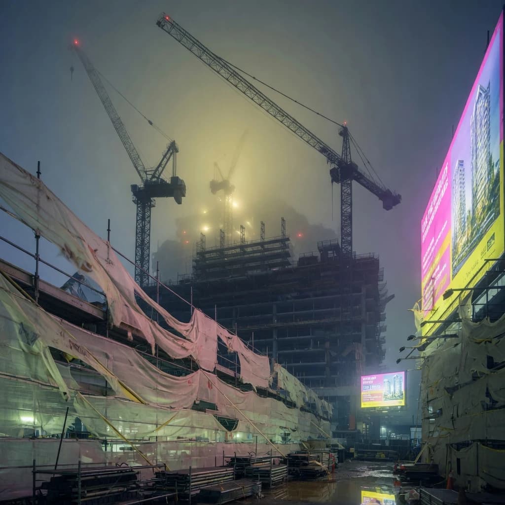 A construction site stretched upward into fog, cranes frozen in silhouette. Wind rattled scaffolding draped with torn mesh that glowed faintly from nearby billboards