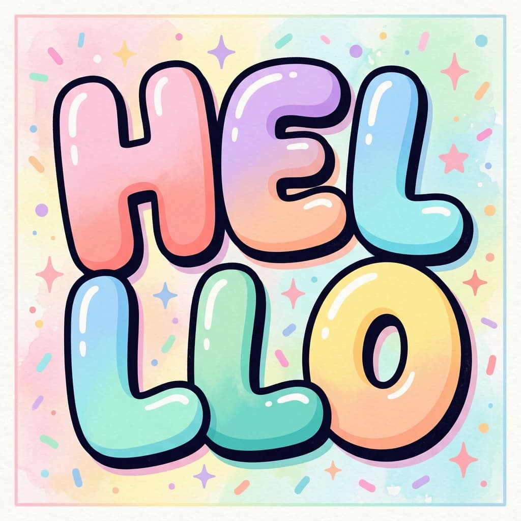 Make a bold bubble-letter poster that says HELLO, pastel palette, thick outline.