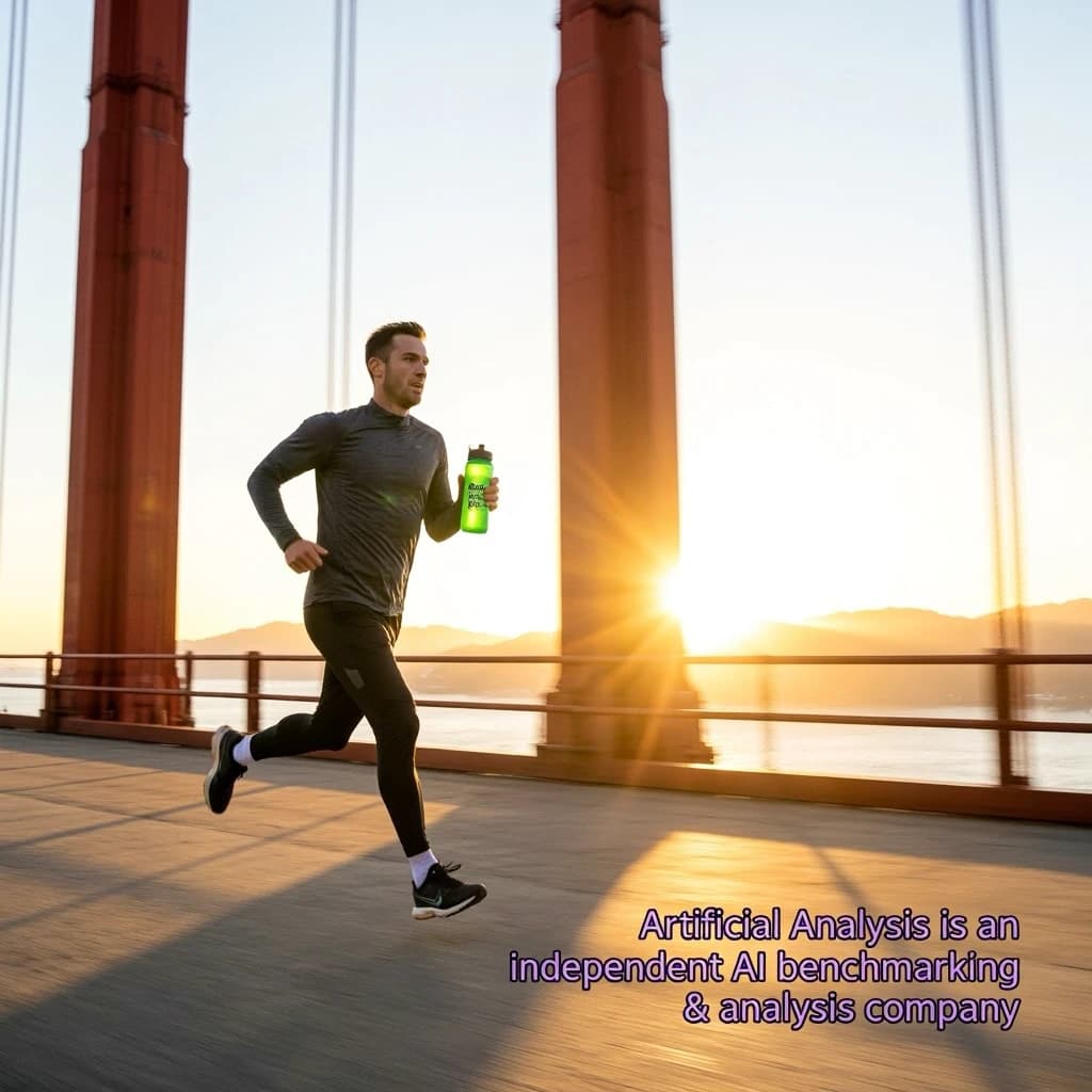 A runner dashes across the Golden Gate Bridge at dawn, sunlight streaming between cables. In their hand, they carry a neon-green sports drink with the brand name Artificial Analysis splashed boldly across the bottle. Motion blur emphasizes speed, while crisp purple sans serif typography overlays the bottom right of the scene with the tagline: Artificial Analysis is an independent AI benchmarking & analysis company