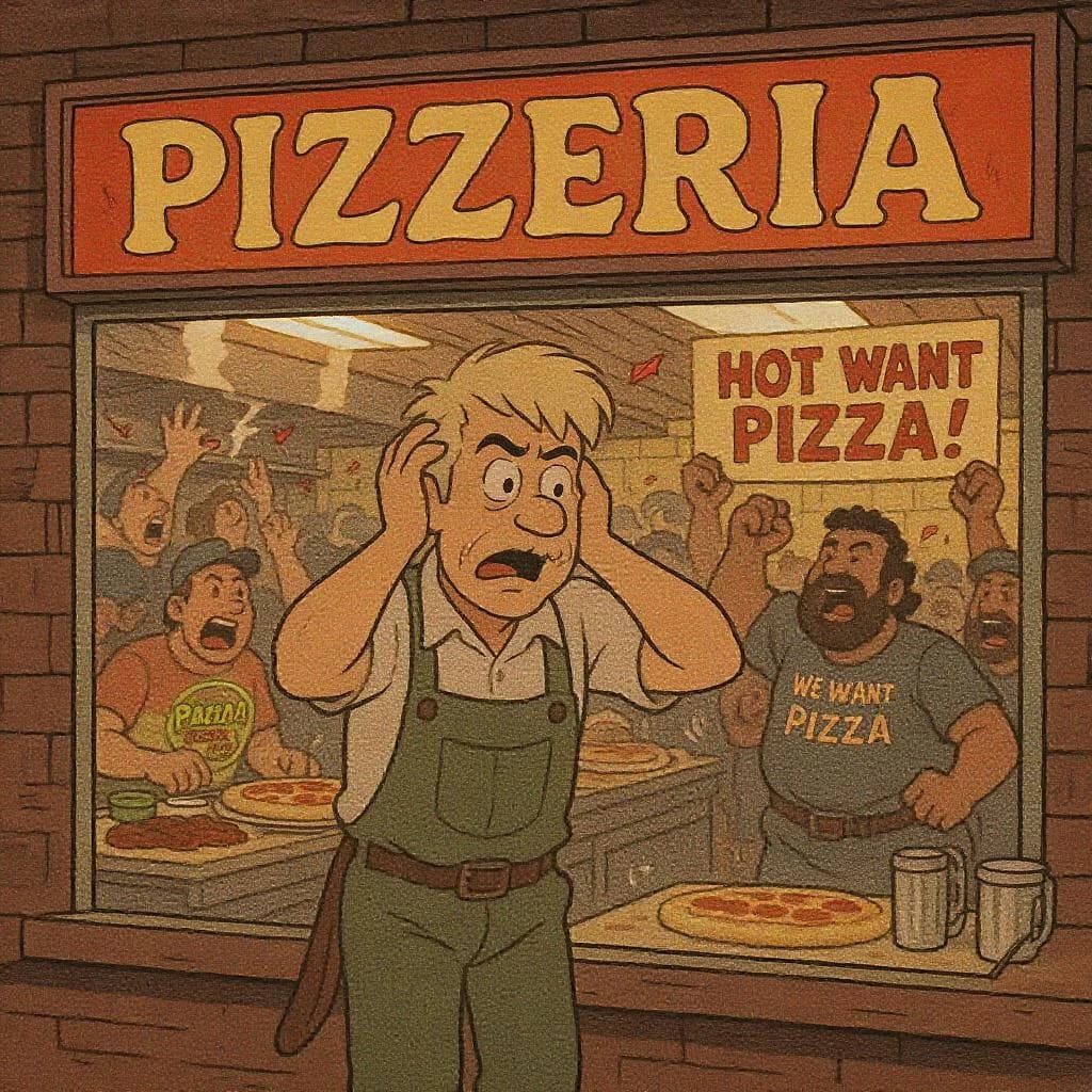 Pasquale is pulling his few remaining hairs out over a disaster at the pizzeria - the cooks are working as fast as they can but the crowds outside are swelling and they demand hot hot pizza! They are banging on the glass and some are wearing "we want pizza" shirts. 1980s western TV animation style.
