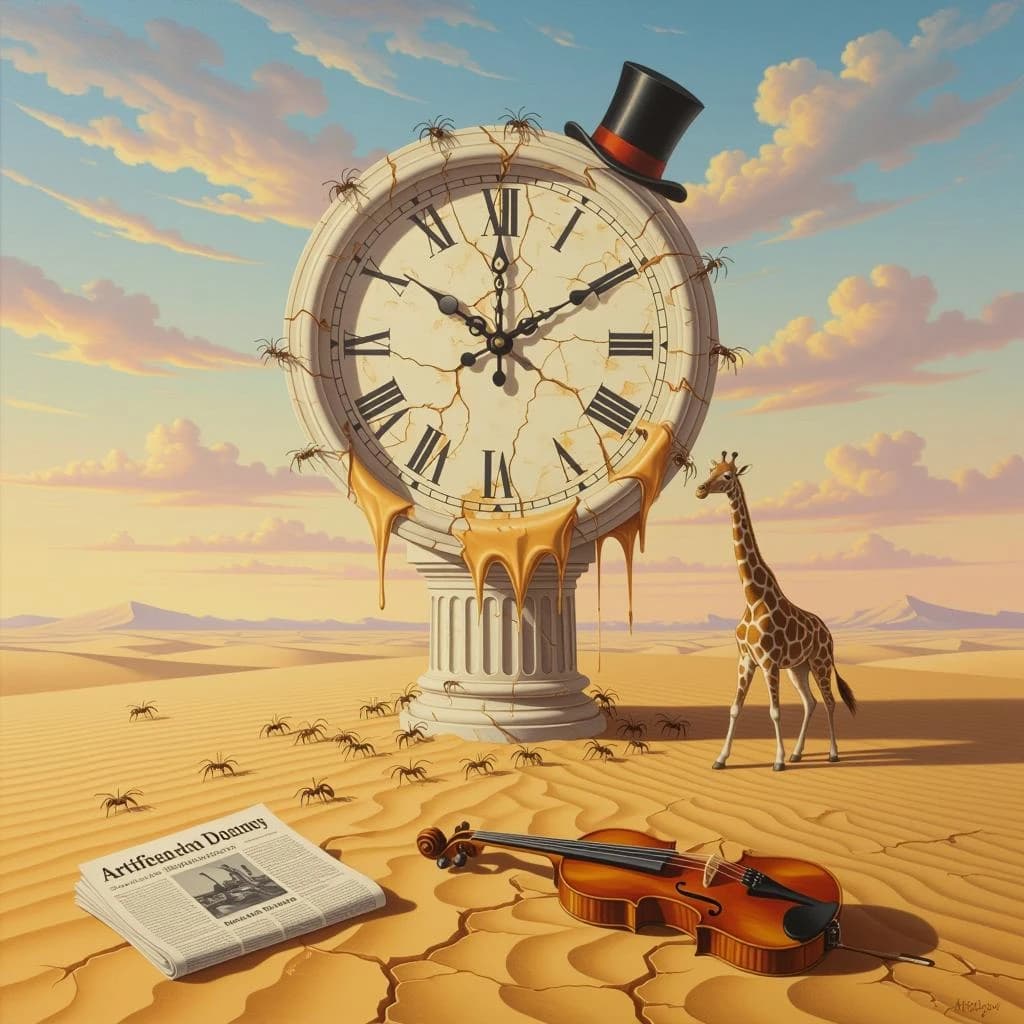 A vast desert plain stretches endlessly under a sky streaked with pale pink and ochre clouds. In the center stands a colossal clock, its face drooping and melting over the edge of a broken marble column. Ants swarm across its warped surface, glinting in the harsh sunlight. To the right, a horse with a giraffe like neck wearing a top hat strides toward the horizon, its shadow stretching miles across the sand. A cracked violin lies half-buried in the foreground, strings snapping outward like veins. Painted in the dreamlike surrealist style. A newspaper named the "Artificial Analysis Daily" lies on the Floor.