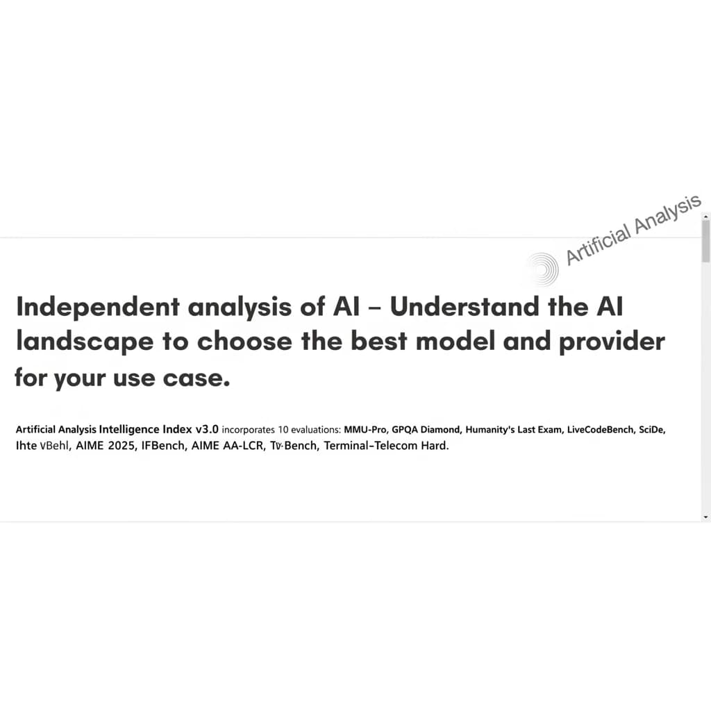 On a white dashboard with thin gray dividers, place a centered header in Helvetica Neue Bold, 20pt: “Independent analysis of AI - Understand the AI landscape to choose the best model and provider for your use case.” Directly beneath, a subheader in smaller Regular weight, 14pt: “Artificial Analysis Intelligence Index v3.0 incorporates 10 evaluations: MMLU-Pro, GPQA Diamond, Humanity's Last Exam, LiveCodeBench, SciCode, AIME 2025, IFBench, AA-LCR, Terminal-Bench Hard, 𝜏²-Bench Telecom.” The header is fully justified but the subheader is left-aligned. In the upper right corner, the Artificial Analysis logo appears watermarked, diagonal, faint gray, partially overlapping the scrollbar.