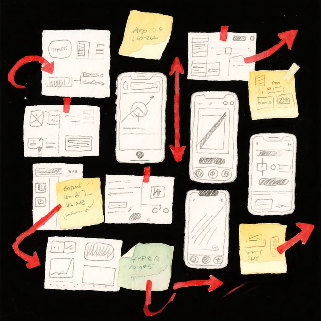 A rough watercolor of hand-drawn app wireframes, sticky notes, and red arrows.