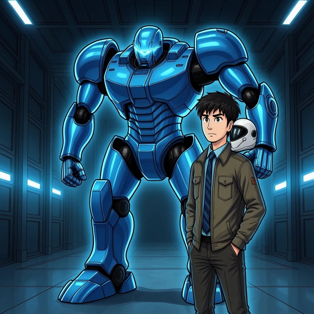 A teenage pilot grips his helmet under one arm, standing at the edge of a glowing hangar bay. Before him looms a sleek, steel-blue mech, its eyes lit with a cold electric glare. His school uniform is rumpled, a sharp contrast to the machine’s flawless plating. The vast scale engulfs him in shadow, emphasizing both awe and dread. Hand-drawn anime style.