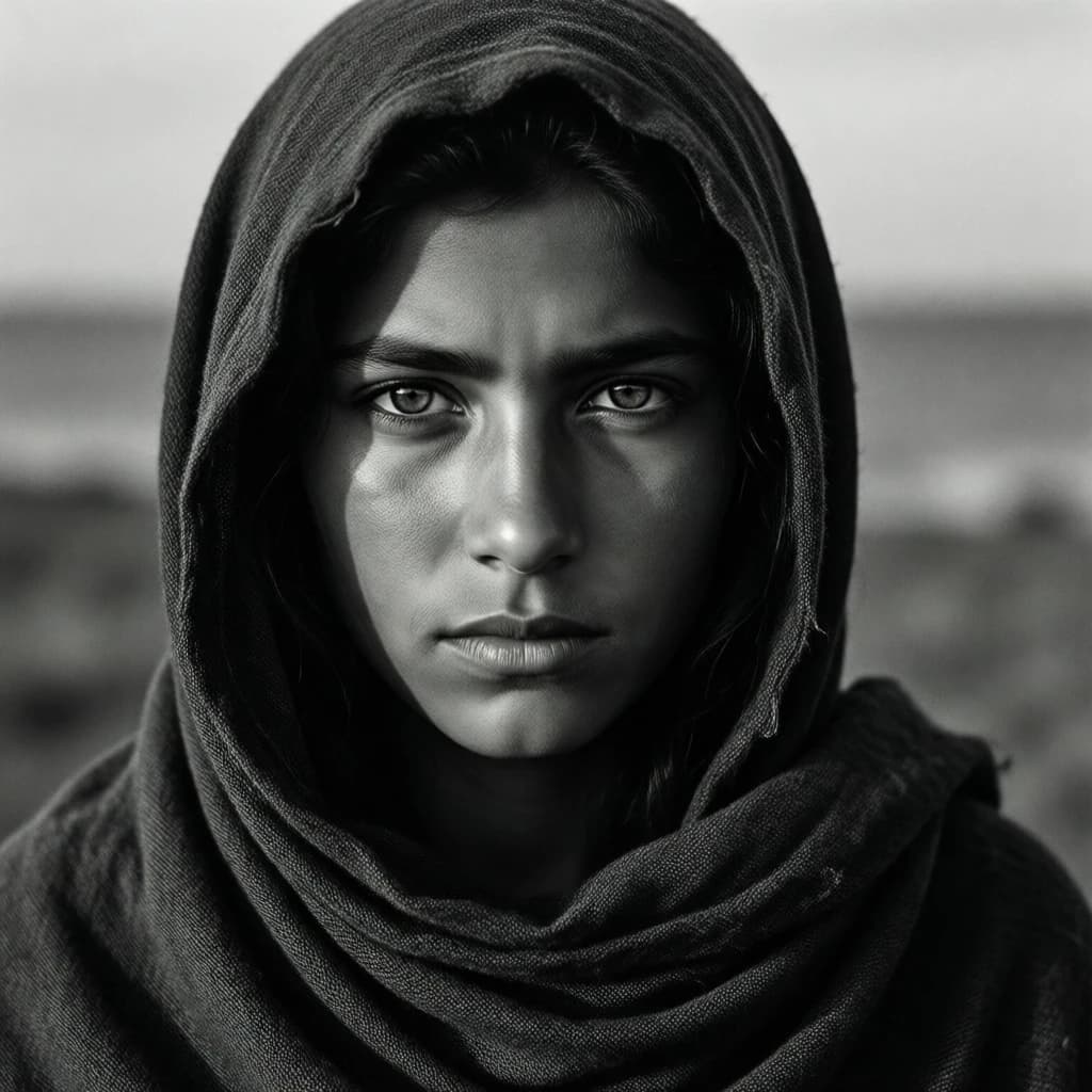 A dramatic black-and-white portrait of a young person draped in a hooded garment, their face framed by the hood's dark folds. Their skin tone and the subtle sheen on their cheeks create striking tonal contrast against the deep shadows. Their eyes are piercing, looking directly into the lens with a calm, steady intensity—neither confrontational nor submissive, but deeply present. The texture of the fabric is visible: it's dense, slightly weathered, and whisper-thin creases catch the light. In the background, an expansive, out-of-focus landscape suggests open space—perhaps distant plains or water—though the details remain soft and abstract. The overall mood is silent yet powerful, poised between vulnerability and resilience, with every highlight and shadow telling part of their story.