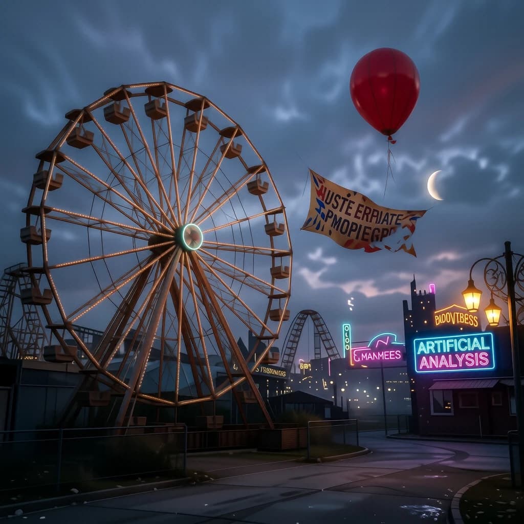 A deserted amusement park glows faintly under a half-moon. The ferris wheel is rusting yet strung with fresh, blinking LED lights. A torn clown banner flaps in a windless air. A lone balloon floats upward, tethered to nothing, while in the far distance city lights flicker on - some neon, some gas lamps as though from another century. 'Artificial Analysis' glows in neon