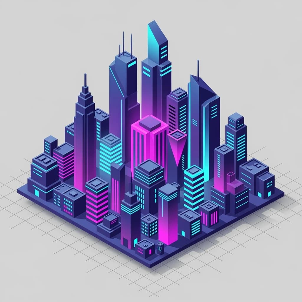 Render an isometric city poster with geometric buildings, neon gradients, gloss highlights, soft AO shadows, clean sans-serif lettering, grid layout, reflections a bit overexposed.