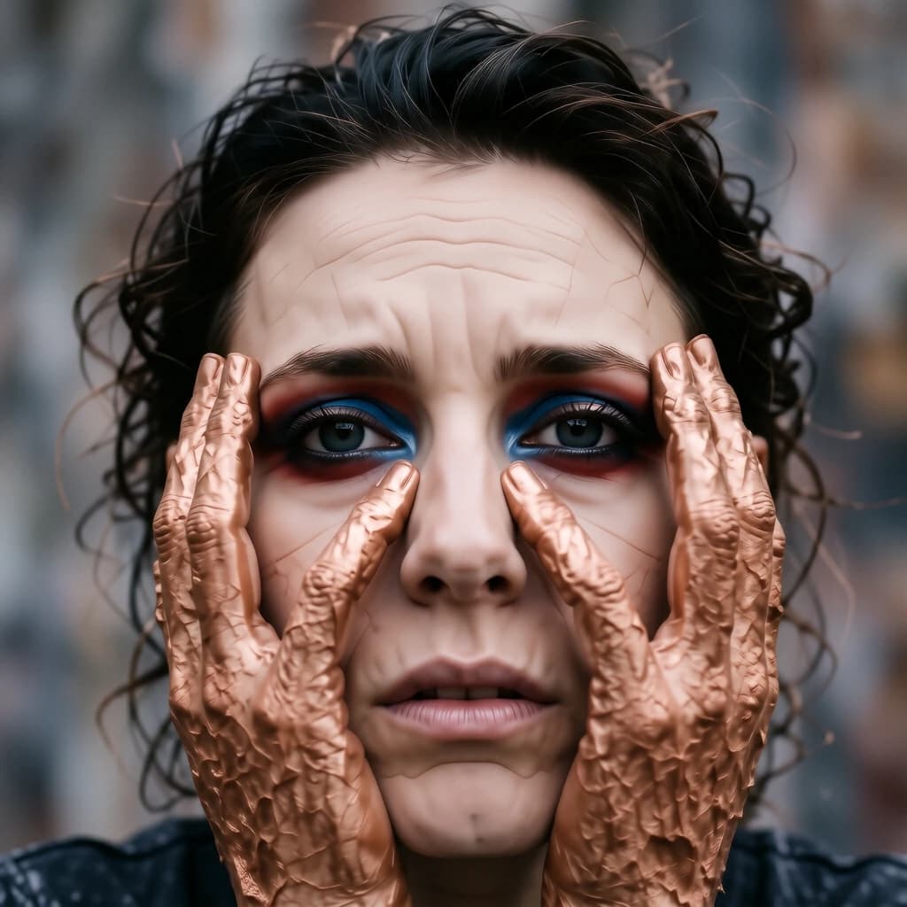 A striking close-up portrait of a woman with cracked metallic copper-painted hands framing her face. Her vivid blue and red eye makeup contrasts sharply with the smooth, pale skin and muted background, creating a bold, surreal composition. She displays an air of uncertainty about her