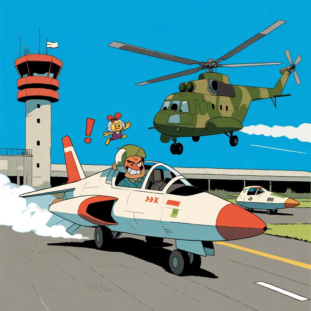 Almost at the runway, Fred the Fighter Jet is racing with Barry the Bomber to see who lands first. Fred has a mischievous trick up his sleeve but Hermione the Helicopter is going to stop him before he gets the chance. The control tower is very angry and has a big exclamation mark. Hand drawn cel look