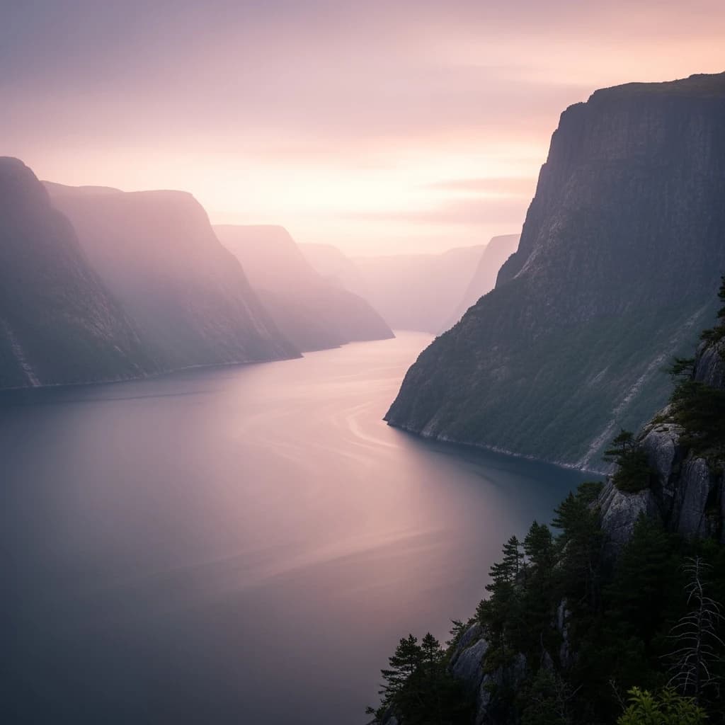 Frame a foggy fjord at sunrise, cliffs looming.