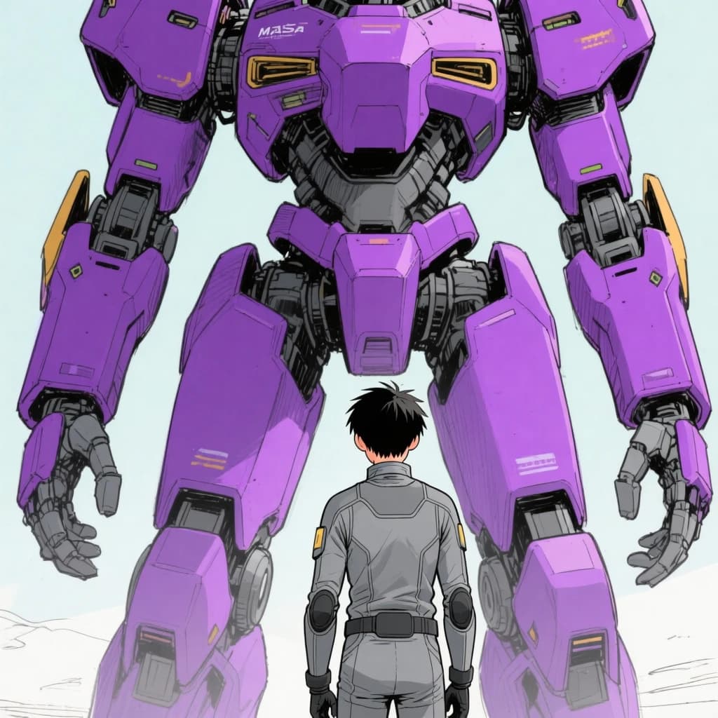 Clad in his body suit up to the neck, young Masa nervously approaches the towering mech with his back facing us. He is nervous for his first time in the field. The mech's bright purple colour scheme contrasts with the grey body suit. The scale of the mech dwarfs Masa. Hand drawn style