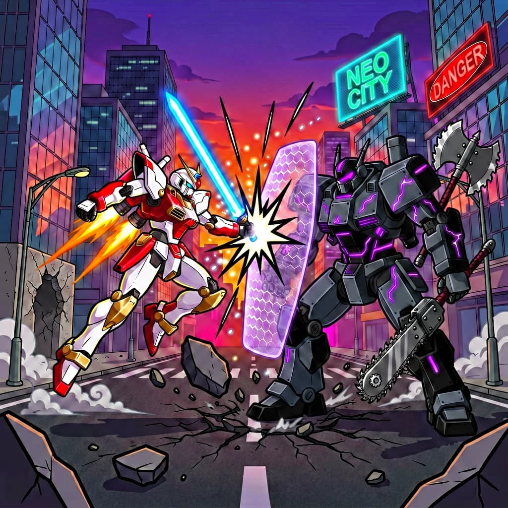Make a cel-shaded mecha duel at dusk downtown.