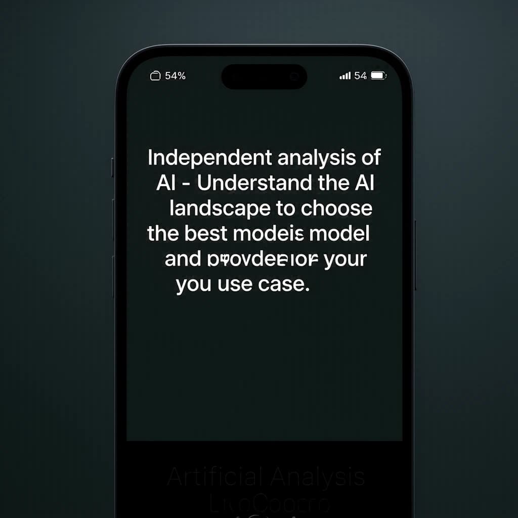 On a black smartphone UI with rounded corners, display a centered text block in white San Francisco font, 16pt: “Independent analysis of AI - Understand the AI landscape to choose the best model and provider for your use case.” Below, in neon cyan, monospace font, smaller size: “Artificial Analysis Intelligence Index v3.0 incorporates 10 evaluations: MMLU-Pro, GPQA Diamond, Humanity's Last Exam, LiveCodeBench, SciCode, AIME 2025, IFBench, AA-LCR, Terminal-Bench Hard, 𝜏²-Bench Telecom.” The second block scrolls horizontally as a ticker. The battery icon in the status bar shows 54%. The Artificial Analysis logo appears faintly, embossed into the bottom navigation bar.
