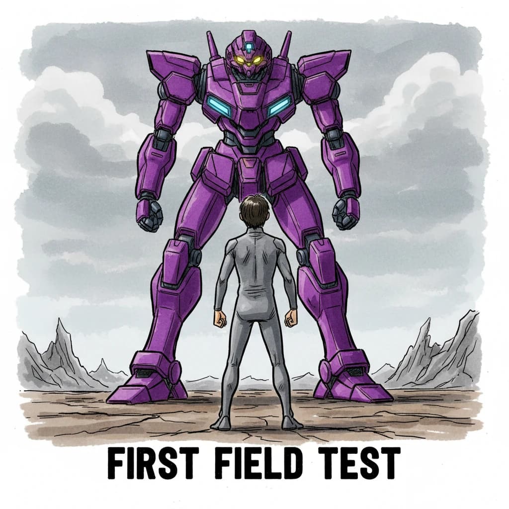 Clad in his body suit up to the neck, young Masa nervously approaches the towering mech with his back facing us. He is nervous for his first time in the field. The mech's bright purple colour scheme contrasts with the grey body suit. The scale of the mech dwarfs Masa. Hand drawn style