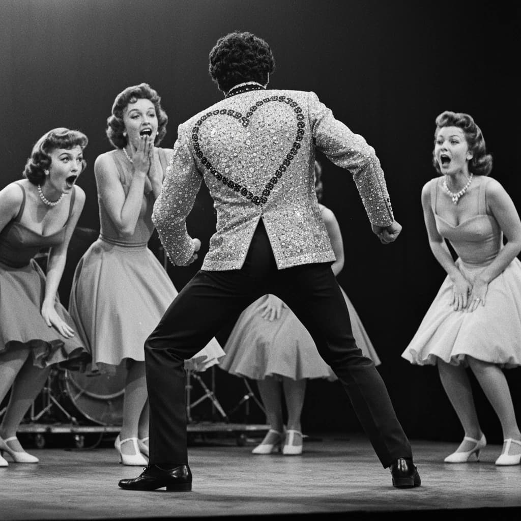 An archival image from 1953 of the rock singer swinging his hips on the stage while glamorous back up singers feign shock at his gyrations! He wears a diamond encrusted jacket with the stones arranged in the shape of a heart