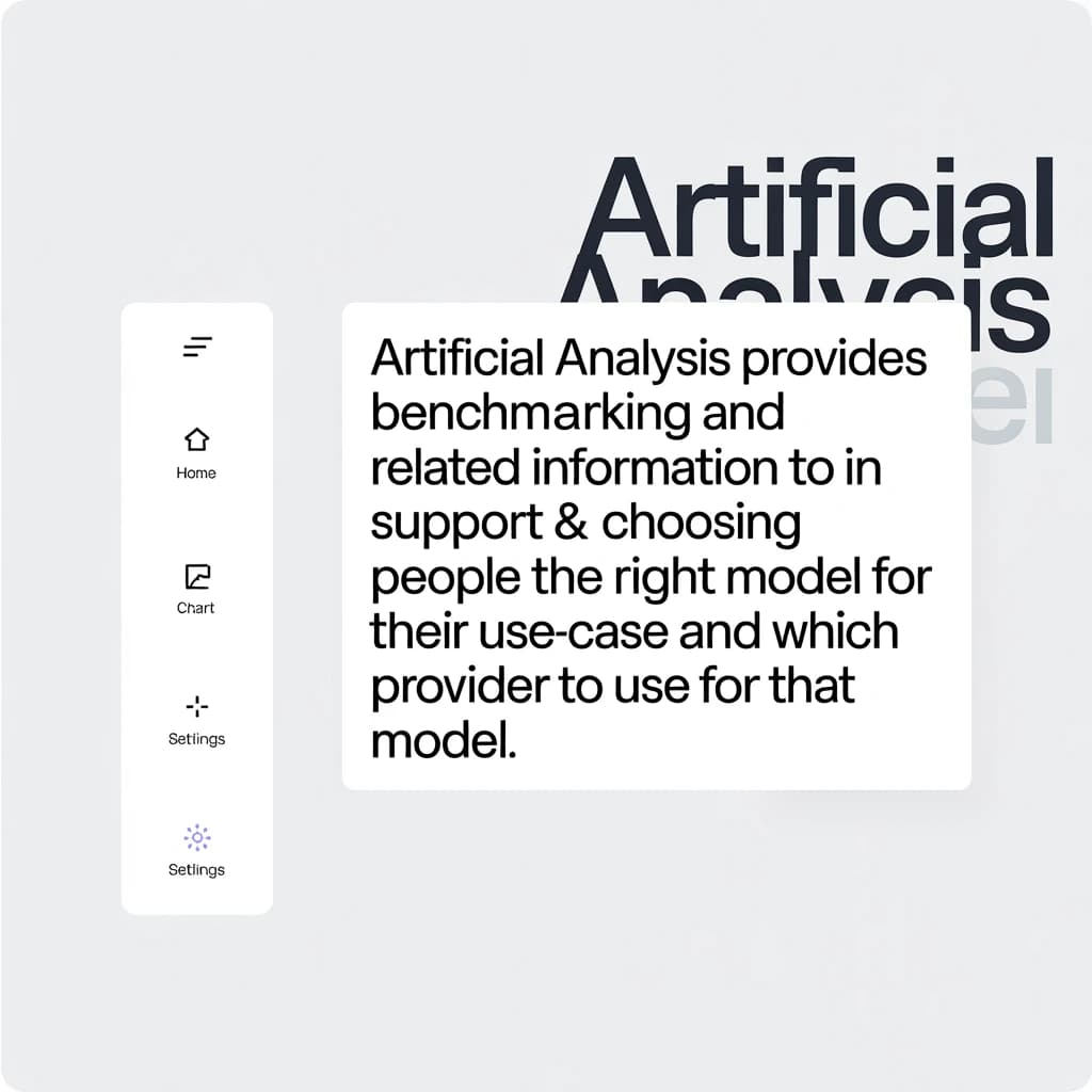 On a high-resolution dashboard mockup with a clean white background, display a centered text module in Helvetica Neue Regular, 18pt, black: “Artificial Analysis provides benchmarking and related information to support people & organizations in choosing the right model for their use-case and which provider to use for that model.” The text box is justified, but the final word wraps awkwardly onto its own line. To the left, a vertical navigation bar in light gray with three icons - home, chart, and settings - aligned evenly but casting misaligned shadows. In the upper right, the Artificial Analysis logo appears faintly, semi-transparent, watermarked over the corner of the interface.