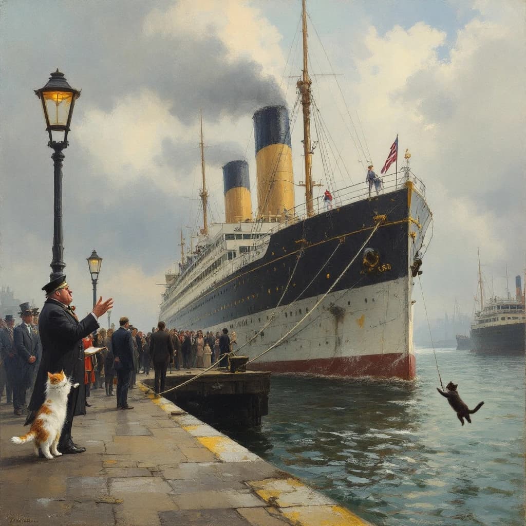 An impressionistic painting of the mighty steamer the "SS Unsinkable We Really Mean It This Time" on a cloudy but bright London morning about to set out on her maiden voyage. A jubilant crowd is gathered on the dock around the paunchy mayor who is making a speech, gesticulating wildly with his hands. The gangways are busy with well heeled ladies and gentlemen making their way onto the ship. A cheeky cat hangs over the water, clinging to the mooring rope after an ill-fated attempt to climb up. The artist has signed his name "Artificial Analysis" in the bottom corner