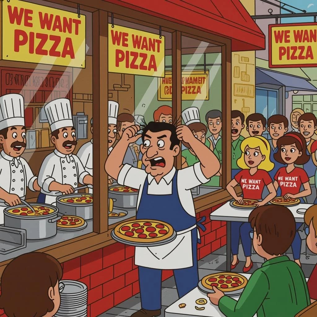 Pasquale is pulling his few remaining hairs out over a disaster at the pizzeria - the cooks are working as fast as they can but the crowds outside are swelling and they demand hot hot pizza! They are banging on the glass and some are wearing "we want pizza" shirts. 1980s western TV animation style.