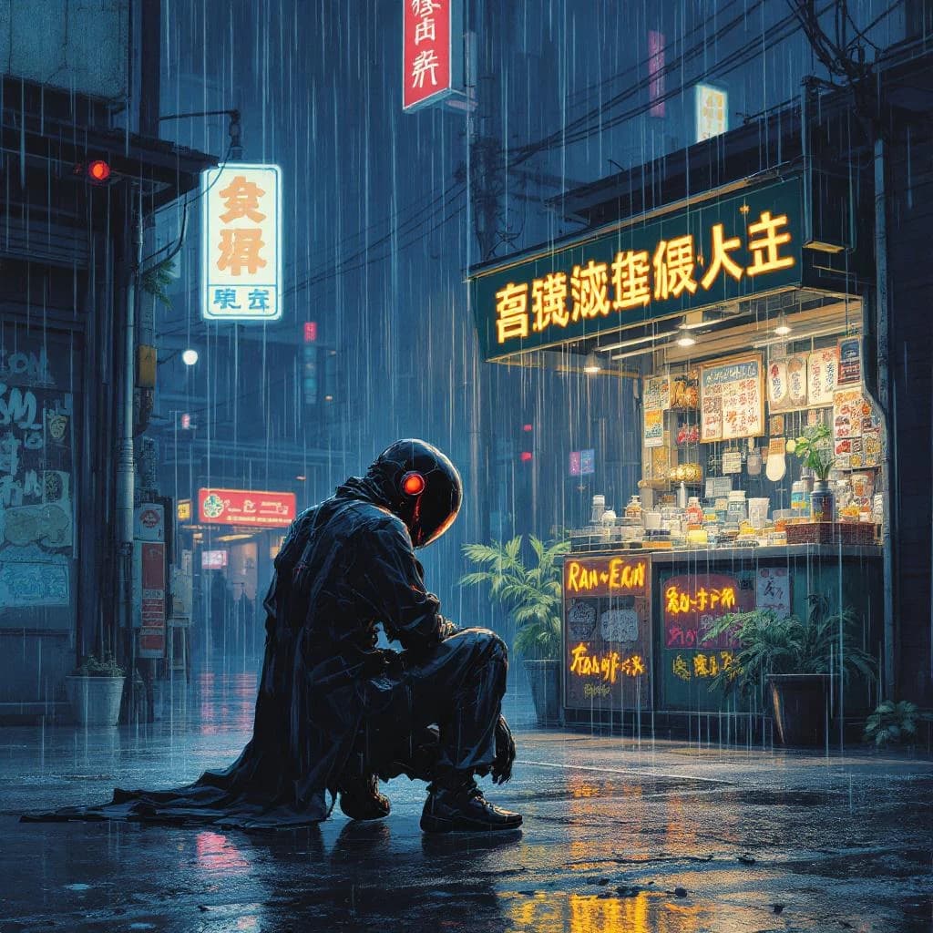 Neon rain falls as a cel-shaded mecha kneels by a ramen stall, midnight vibes.
