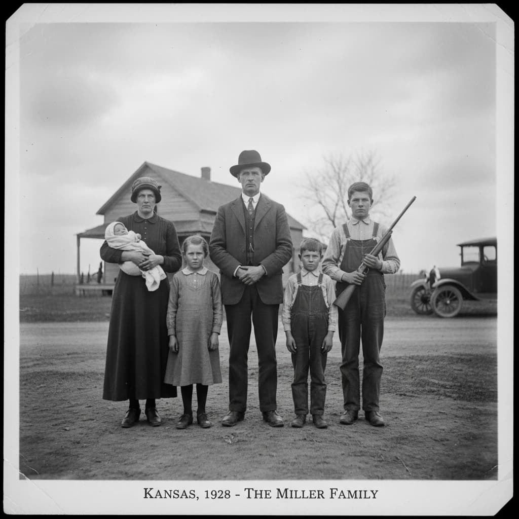 Everybody holds still and nobody smiles for the family portrait. It's 1928 in Kansas