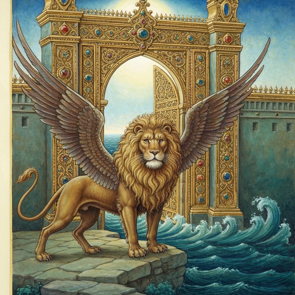 Paint an illuminated manuscript scene of a winged lion guarding a sea gate.
